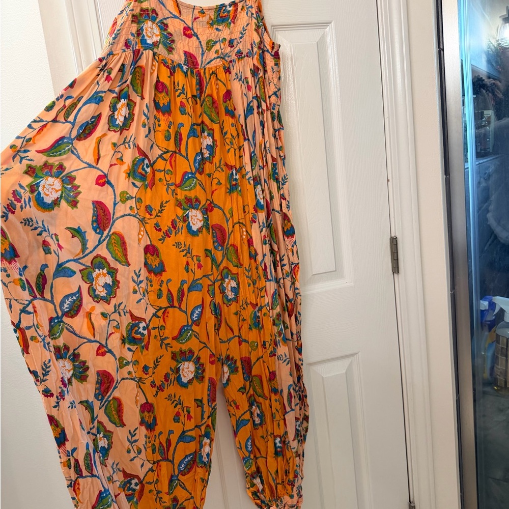 Anthropologie Orange Floral Spaghetti-Strap Midi Jumpsuit - Picture 3 of 6